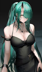  absurdres arknights bare_shoulders belt black_choker black_dress black_ribbon breasts choker cleavage dress female green_hair hair_over_one_eye highres hiyaori_(hiyahiyaval) horns hoshiguma_(arknights) jewelry large_breasts looking_at_viewer medium_hair necklace piercing ponytail ribbon simple_background single_horn solo standing upper_body 