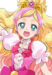  :d blonde_hair blue_eyes blush collarbone cure_flora earrings female floating_hair go!_princess_precure haruno_haruka highres jewelry long_hair looking_at_viewer multicolored_hair open_mouth parted_bangs pink_hair precure sharumon short_sleeves smile solo streaked_hair tied_hair two-tone_hair upper_body very_long_hair white_sleeves 