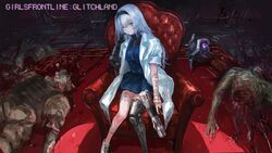  black_hairband blood blue_skirt breasts coat corpse corset dinergate_(girls&#039;_frontline) elid_(girls&#039;_frontline) female girls&#039;_frontline girls&#039;_frontline_glitch_land gun guro hairband handgun highres holding holding_gun holding_weapon horror_(theme) lab_coat long_hair mechanical_arms mechanical_legs medium_breasts non-humanoid_robot osakana_(denpa_yun&#039;yun) robot sangvis_ferri science_fiction short_sleeves single_mechanical_arm single_mechanical_leg skirt solo_focus thunder_(girls&#039;_frontline) triple_action_thunder weapon white_coat white_hair zombie 