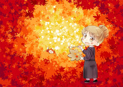  ._. 2girls ahoge art_brush autumn autumn_leaves black_footwear blush brown_eyes brown_skirt chibi commentary_request hair_bun hair_ornament hinata_yuu holding leaf leaf_background light_brown_hair long_skirt looking_at_viewer loose_socks maple_leaf multicolored_background multiple_girls open_mouth original paintbrush painting_(action) palette_(object) photoshop_(medium) red_hair shirt single_hair_bun skirt socks striped_clothes striped_shirt twintails 