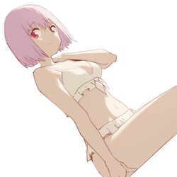  arm_support bare_shoulders bikini bob_cut breasts cleavage closed_mouth collarbone cowboy_shot dutch_angle female frilled_bikini frills gridman_universe hair_between_eyes hand_on_own_shoulder hand_up highres light_purple_hair looking_at_viewer medium_breasts navel psylduck red_eyes shinjou_akane short_eyebrows short_hair simple_background sitting smile solo ssss.gridman straight_hair swimsuit white_background white_bikini 