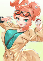  :d absurdres aqua_shirt between_breasts black-framed_eyewear blue_eyes blue_nails blue_shirt bouncing_breasts breasts brown_coat coat collarbone commentary eyewear_on_head female floating_hair hair_ornament heart heart_hair_ornament highres holding holding_poke_ball long_hair long_sleeves medium_breasts nail_polish open_mouth orange-tinted_eyewear orange_hair poke_ball poke_ball_(basic) pokemon pokemon_swsh ribbed_shirt sharumon shirt simple_background smile solo sonia_(pokemon) standing strap_between_breasts sunglasses swept_bangs tinted_eyewear v-neck white_background 