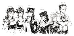  1boy 5girls bad_id bad_pixiv_id black_jacket braid braided_ponytail breasts cako_(a_ben) chains cleavage collarbone crop_top earrings genderswap_(ftm) genderswap_(mtf) giorno_giovanna goggles goggles_on_head greyscale hair_ornament hair_scrunchie hat higashikata_josuke highres jacket jewelry jojo_no_kimyou_na_bouken jonathan_joestar joseph_joestar joseph_joestar_(young) kujo_jolyne kujo_jotaro large_breasts long_hair looking_at_viewer looking_to_the_side messy_hair monochrome multicolored_hair multiple_girls muscular navel navel_piercing nervous pendant piercing pompadour ponytail rule_63 scarf school_uniform scrunchie short_hair simple_background smile spider_web_print stone_ocean striped_clothes striped_scarf surprised sweat 