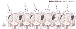  6+girls :&gt; beni_shake blush bow brown_eyes closed_mouth collared_shirt commentary_request grey_hair hair_ornament heart highres liv:_lux_(punishing:_gray_raven) liv_(punishing:_gray_raven) looking_at_viewer multiple_girls multiple_persona pink_bow punishing:_gray_raven shirt signature simple_background smile translation_request white_background white_shirt 