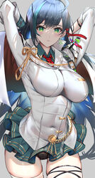  absurdres blush breasts covered_navel covered_nipples female fujisaki_eru green_eyes highres large_breasts lin_(tower_of_fantasy) long_hair long_sleeves looking_at_viewer mole mole_under_eye multicolored_hair skirt solo streaked_hair thick_thighs thighhighs thighs tower_of_fantasy white_thighhighs 