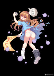  :o ass bare_legs baseball_cap black_background blue_dress boots brown_hair commentary_request dress female flag from_behind hat hataraku_saibou heart heart-shaped_pupils highres holding holding_flag latioss long_hair looking_at_viewer looking_back open_mouth orange_eyes panties platelet_(hataraku_saibou) short_sleeves socks solo symbol-shaped_pupils torn_clothes torn_dress underwear white_panties white_socks 