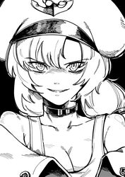  bare_shoulders belt_collar black_background black_survival breasts cleavage collar eternal_return:_black_survival female greyscale grin hat highres karla_(black_survival) korean_commentary long_hair looking_at_viewer mnnnya monochrome simple_background smile solo 