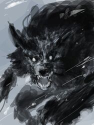  3:4 anthro canid canine canis ears_up fangs key_rooki looking_at_viewer male mammal mythological_canine mythological_creature mythology painterly snarling snow solo teeth were werecanid werecanine werewolf white_eyes 