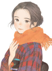  adjusting_scarf black_hair black_sash blush brown_eyes closed_mouth eyebrows female fingernails floating_hair floral_print fringe_trim from_side fur_scarf hair_behind_ear hair_bun hand_up highres japanese_clothes kimono long_sleeves looking_at_viewer looking_to_the_side matayoshi multicolored_clothes multicolored_kimono no_lineart nose_blush obi obiage obijime orange_scarf original parted_hair plaid plaid_kimono print_kimono print_sash sash scarf signature simple_background smile solo upper_body white_background wide_sleeves 