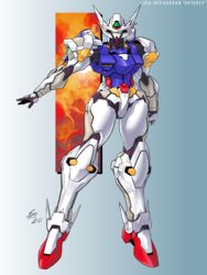  absurdres character_name english_commentary ethandoesathing glowing glowing_eyes green_eyes gundam highres looking_at_viewer mecha mobile_suit no_humans open_hand original robot science_fiction solo v-fin 