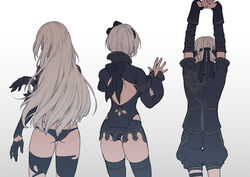  1boy 2b_(nier:automata) 2girls 9s_(nier:automata) a2_(nier:automata) ariko_k arms_up ass back_bow back_cutout black_bow black_dress black_gloves black_hairband black_legwear black_panties black_shorts bow clothing_cutout commentary cowboy_shot dress from_behind gloves gradient_background hairband hairbow hand_up high_collar highres long_hair long_sleeves multiple_girls nier:automata nier_(series) nier_reincarnation official_alternate_costume outstretched_arms panties short_hair shorts stretching symbol-only_commentary thigh_gap thigh_strap thighhighs torn_clothes torn_thighhighs underwear white_hair 