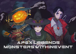  1boy 1other absurdres animal_on_arm animification apex_legends arisyooon bird bird_on_arm black_hair black_headwear bloodhound_(apex_legends) blue_eyes blue_headwear brown_eyes clenched_hand copyright_name crow crypto_(apex_legends) deadly_byte_crypto emerald_enchantress_wraith female gloves green_scarf grey_hair hair_slicked_back hat highres jack-o&#039;-lantern multicolored_hair official_alternate_costume protector_of_the_patch_bloodhound red_gloves scarf streaked_hair vampire witch witch_hat wraith_(apex_legends) 