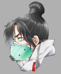  animification apex_legends aqua_eyes black_hair female from_side glowing glowing_eyes grey_background grey_jacket hair_behind_ear head_only highres jacket looking_ahead mask meteolance mouth_mask profile quarantine_722_wraith solo v-shaped_eyebrows wraith_(apex_legends) wraith_(cat_busters) 