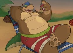  2019 activision anthro belly brown_body canid canine canis clothing crash_(series) crocodile crocodilian crocodylid dingo dingodile dippubear hi_res humanoid_hands hybrid male mammal moobs nipples outside overweight overweight_male reptile scalie sitting solo swimwear 