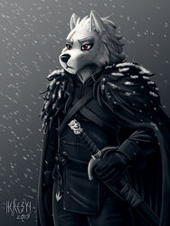  2019 3:4 anthro anthrofied armor belt black_nose canid canine canis cape cloak clothing digital_media_(artwork) fur game_of_thrones ghost_(game_of_thrones) gloves handwear heresy_(artist) hi_res jon_snow leather mammal melee_weapon outside red_eyes scar shaded simple_background snow solo sword weapon white_body white_fur winter wolf 