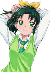  arms_up bow closed_mouth collared_shirt female floating_hair green_eyes green_hair green_neckwear green_sweater green_sweater_vest hairbow highres long_sleeves looking_at_viewer midorikawa_nao ponytail precure school_uniform sharumon shirt simple_background smile smile_precure solo sweater sweater_vest upper_body white_background white_shirt wing_collar yellow_bow 