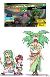  1boy 2girls :d alolan_exeggutor angel_wings anger_vein armlet artist_name ayyk92 bare_shoulders belt breasts brown_hair closed_eyes collarbone commentary crossover dress english_commentary english_text fangs forehead_jewel grabbing_another&#039;s_wing green_dress green_hair height_difference high_heels highres jewelry kid_icarus laurel_crown long_hair looking_at_another motion_lines multiple_belts multiple_girls open_mouth palm_tree palutena pendant pit_(kid_icarus) pokemon pokemon_(creature) possessed sandals short_hair side_slit single_thighhigh smile spirit_(super_smash_bros.) standing strapless strapless_dress super_smash_bros. sweatdrop thighhighs tiara tree vambraces very_long_hair walking white_dress white_legwear wings 