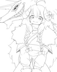  ahoge animal bad_id bad_pixiv_id black_sclera blush bow braid closed_mouth colored_sclera commentary_request female flower fur_trim greyscale grin hair_between_eyes hairbow horn_flower horns hourglass_02 kindred_(league_of_legends) korean_commentary lamb_(league_of_legends) league_of_legends long_hair looking_at_viewer monochrome no_mask official_alternate_costume parted_lips sharp_teeth simple_background slit_pupils smile spirit spirit_blossom_(league_of_legends) spirit_blossom_kindred teeth white_background wolf wolf_(league_of_legends) 