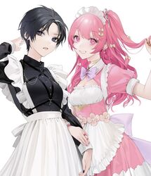  2girls apron black_dress black_hair black_nails bow bowtie breasts chae_na-ra choker cleavage collared_dress cropped dress ear_piercing earrings grey_eyes grey_hair hair_ornament hairbow heart heart_choker highres jewelry keishi_(shining_star) long_hair long_sleeves looking_at_viewer maid_apron maid_headdress multiple_girls ohisashiburi one_side_up parted_lips piercing pink_bow pink_dress pink_nails shining_star short_hair short_sleeves simple_background smile standing upper_body white_background 