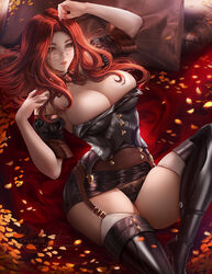  artist_name black_panties boots breasts brown_eyes cleavage curly_hair detached_collar detached_sleeves eyelashes facial_tattoo female final_fantasy final_fantasy_xiv garter_belt glasses grin high_heel_boots high_heels highres hyur javier_estrada lace lace-trimmed_panties lace_trim large_breasts lips lipstick long_hair looking_at_viewer lying makeup nail_polish panties parted_lips pencil_skirt red_hair signature skindentation skirt smile solo strapless tattoo thigh_boots thighhighs thighs underwear warrior_of_light_(ff14) white_thighhighs 