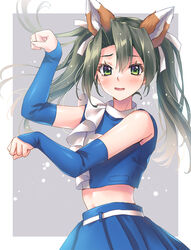  animal_ear_fluff animal_ears blue_skirt blush cheerleader fake_animal_ears female fox_ears green_eyes green_hair hair_between_eyes hair_ribbon highres hokkaido_nippon-ham_fighters kantai_collection kitsune_dance long_hair looking_at_viewer minakami_nagara nippon_professional_baseball open_mouth pleated_skirt ribbon skirt solo twintails upper_body white_ribbon zuikaku_(kancolle) 