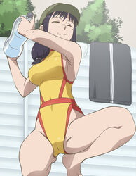  black_hair bottle breasts closed_eyes closed_mouth female green_hat haruyama_kazunori hat highleg highleg_swimsuit holding holding_bottle houkago_teibou_nisshi kotani_sayaka medium_breasts mole mole_under_eye on_one_knee one-piece_swimsuit short_hair sideboob smile solo swimsuit thighs yellow_one-piece_swimsuit 