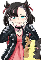  asymmetrical_bangs black_choker black_coat black_hair blue_eyes blush choker closed_mouth coat collarbone dress earrings female hair_between_eyes hair_ribbon highres index_finger_raised jewelry long_hair long_sleeves looking_at_viewer marnie_(pokemon) morpeko morpeko_(full) open_clothes open_coat pendant pink_dress pokemon pokemon_(creature) pokemon_swsh red_ribbon ribbon sharumon simple_background smile two_side_up upper_body white_background 