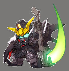  beam_scythe blue_eyes chibi glowing glowing_eyes grey_background gundam gundam_deathscythe_hell_custom gundam_wing gundam_wing_endless_waltz holding holding_scythe mecha mechanical_wings mobile_suit robot science_fiction scythe solo standing susagane v-fin wings 