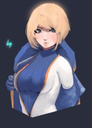  animification apex_legends blonde_hair blue_bodysuit blue_eyes bodysuit breasts eyebrows_hidden_by_hair female grey_background highres jacket lichtenberg_figure lightning_bolt_symbol medium_breasts orange_jacket reborns removing_jacket ribbed_bodysuit scar scar_on_cheek scar_on_face short_hair solo wattson_(apex_legends) white_bodysuit 