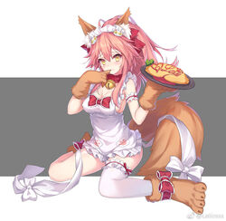  animal_ear_fluff animal_ears animal_hands apron arm_garter bare_shoulders bell bow breasts cleavage collar commentary_request covered_nipples fate/grand_order fate_(series) female food fox_ears fox_girl fox_tail frilled_apron frills gloves hands_up holding holding_plate jingle_bell latioss long_hair looking_at_viewer maid_apron maid_headdress medium_breasts naked_apron omelet omurice paw_gloves paw_shoes pink_hair plate red_bow shoes single_thighhigh sitting smile solo tail tamamo_(fate) tamamo_cat_(fate) tamamo_cat_(third_ascension)_(fate) thighhighs wariza white_thighhighs yellow_eyes 