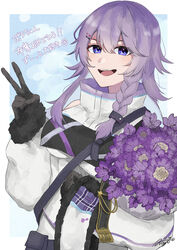  absurdres arisyooon black_gloves blue_hair bouquet braid breasts clenched_hand colored_inner_hair detached_sleeves female flower freesia_(flower) gloves grey_jacket hair_ornament hairclip highres holding holding_bouquet jacket long_hair medium_breasts multicolored_hair nijisanji nijisanji_kr nun_bora nun_bora_(1st_costume) purple_eyes purple_flower purple_hair scabiosa_(flower) side_braid sleeveless sleeveless_jacket solo v virtual_youtuber 