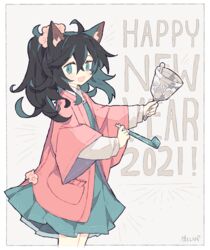  2021 :d ahoge animal_ear_fluff animal_ears aqua_dress aqua_eyes bell black_hair blue_dress blue_eyes blush border cat_ears cherry_blossoms collared_shirt commentary_request cowboy_shot crossed_bangs dot_nose dress english_text female flower from_side grey_background hair_between_eyes hair_flower hair_ornament handbell hands_up hanten_(clothes) happy_new_year holding holding_bell holding_instrument instrument japanese_clothes layered_clothes layered_sleeves limited_palette long_hair long_sleeves looking_at_viewer looking_to_the_side melan_(melanbread) melanbread new_year open_mouth original outside_border outstretched_arm party_horn pinafore_dress pink_flower pleated_dress pocket puffy_long_sleeves puffy_sleeves shirt short_dress signature sleeveless sleeveless_dress sleeves_past_elbows smile solo standing tareme white_border white_shirt wide_sleeves wing_collar 