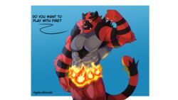  16:9 abs absurd_res anthro coffeline english_text felid fire generation_7_pokemon hi_res incineroar male mammal muscular muscular_anthro muscular_male nintendo pecs pokemon pokemon_(species) solo text widescreen 