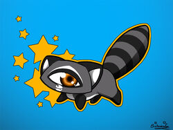  1_eye 2010 ambiguous_gender big_eyes blue_background brown_eyes countershading digital_media_(artwork) feral full-length_portrait grey_body leg_markings mammal markings orange_outline outline portrait procyonid quadruped raccoon ring_(marking) ringed_tail saillestraife side_view signature simple_background socks_(marking) solo star_symbol striped_markings striped_tail stripes tail tail_markings 