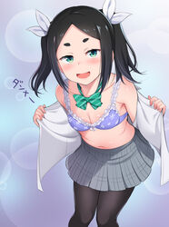  :d black_hair black_pantyhose blush bra breasts female futoku_no_guild green_eyes honda_naoki navel open_clothes open_shirt pantyhose purple_bra school_uniform short_eyebrows simple_background small_breasts smile solo thick_eyebrows tokishikko_dana twintails underwear 