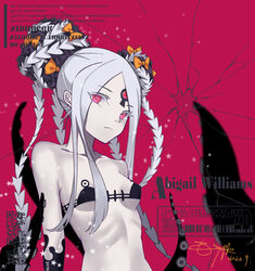  abigail_williams_(fate) abigail_williams_(swimsuit_foreigner)_(fate) alternate_breast_size bare_shoulders bikini black_bikini bow braid braided_bun breasts character_name check_commentary chinese_commentary collarbone colored_eyelashes commentary commentary_request dark_persona double_bun english_text expressionless fate/grand_order fate_(series) female grey_hair hair_bun highres keyhole mixed-language_commentary navel nid417 orange_bow pale_skin pink_eyes polka_dot polka_dot_bow red_background signature small_breasts solo swimsuit tentacle third_eye 