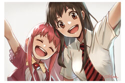  2girls black_hair breasts brown_eyes closed_eyes commentary happy konjiki_no_gash!! large_breasts long_hair multiple_girls necktie open_mouth otton oumi_megumi pink_hair shirt short_sleeves smile striped striped_necktie tio_(konjiki_no_gash!!) twitter_username white_shirt 