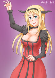  anti_(untea9) black_hairband blonde_hair blue_eyes breasts choker cleavage commentary_request cosplay cowboy_shot dress fake_horns female fur_trim gradient_background hairband highres horns kantai_collection large_breasts long_sleeves maou_(maoyuu) maou_(maoyuu)_(cosplay) maoyuu_maou_yuusha nelson_(kancolle) photoshop_(medium) purple_background red_dress solo twitter_username 