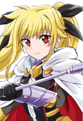  bardiche_(nanoha) black_bow black_gloves blonde_hair bow cape closed_mouth fate_testarossa fate_testarossa_(blaze_form_ii) female floating_hair gloves hairbow highres holding holding_polearm holding_weapon long_hair looking_at_viewer lyrical_nanoha mahou_shoujo_lyrical_nanoha_reflection polearm red_eyes sharumon simple_background smile solo twintails very_long_hair weapon white_background white_cape 