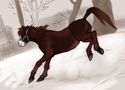  2021 ambiguous_gender bridle brown_hair day detailed_background digital_media_(artwork) equid equine feral hair hi_res hooves horse mammal outside poofroom solo 