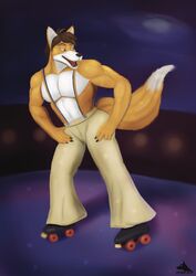  anthro bottomwear canid canine clothed clothing disco dobie-ace fox hi_res male mammal pants quad_skates roller_skates solo suspenders topless 