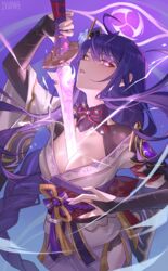  artist_name blunt_bangs braid breasts cleavage commentary female fingerless_gloves genshin_impact gloves glowing glowing_eyes glowing_weapon highres holding holding_sword holding_weapon japanese_clothes jyuma kimono large_breasts long_hair low-braided_long_hair low-tied_long_hair purple_eyes purple_hair raiden_shogun solo sword sword_between_breasts weapon 