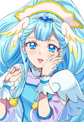  blue_eyes blue_hair capelet collarbone cure_ange earrings female hair_ornament highres hugtto!_precure jewelry long_hair long_sleeves looking_at_viewer open_mouth precure see-through sharumon solo upper_body very_long_hair white_capelet yakushiji_saaya 