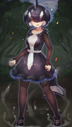  :d belt black_dress black_footwear black_hair black_pantyhose black_sleeves blowhole blue_dress bow cetacean_tail collar commentary_request dorsal_fin dress female fins fish_tail footwear_bow frilled_collar frilled_dress frilled_sleeves frills glowing glowing_eye hair_over_one_eye highres kemono_friends kemono_friends_3 long_sleeves multicolored_clothes open_mouth orca_(kemono_friends) orca_girl pantyhose red_eyes shoes short_hair smile solo steaming_body tadano_magu tail white_dress white_hair 