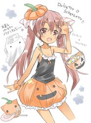  bad_id bad_twitter_id brown_eyes brown_hair candy commentary_request contrapposto curled_fingers dark-skinned_female dark_skin female flat_chest food ghost hair_ribbon halloween_bucket halloween_costume hat highres hizuki_yayoi italian_text kantai_collection libeccio_(kancolle) long_hair looking_at_viewer mini_hat oerba_yun_fang orange_skirt pumpkin_skirt ribbon skin_fang skirt solo striped striped_ribbon tan tank_top translated twintails white_background 