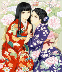  2girls black_eyes black_hair blue_flower blunt_bangs braid couple crown_braid floral_background floral_print flower hair_flower hair_ornament half-closed_eyes hime_cut holding_another&#039;s_wrist japanese_clothes kimono long_hair looking_at_viewer looking_to_the_side multiple_girls nadeshiko_rin obi obiage obijime original parted_lips peony_(flower) peony_print pink_flower sash short_hair smile straight_hair traditional_media updo white_flower yuri 