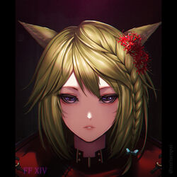  animal_ears blonde_hair bow braid cat_ears close-up eyelashes facial_mark female final_fantasy final_fantasy_xiv flower hair_flower hair_ornament hairbow highres looking_at_viewer miqo&#039;te parted_lips pillarboxed portrait purple_eyes short_hair solo spider_lily swept_bangs tsurime twitter_username warrior_of_light_(ff14) whisker_markings zeri_(zeristudio) 