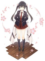  arms_behind_back azur_lane black_hair black_jacket black_socks blazer blue_eyes bow cherry_blossoms collared_shirt faux_figurine female flower full_body glasgow_(a_maid_in_class)_(azur_lane) glasgow_(azur_lane) jacket kneehighs long_hair long_sleeves looking_at_viewer lpip miniskirt necktie official_alternate_costume official_art open_clothes open_jacket parted_lips petals pink_flower red_necktie red_skirt reflection school_uniform shirt skirt socks solo standing thighs transparent_background twintails undershirt white_bow white_shirt wing_collar wooden_floor 