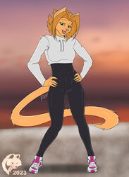  2023 5_fingers anthro belt breasts brown_nose claws clothed clothing crop_hoodie digital_media_(artwork) domestic_cat felid feline felis female finger_claws fingers flat_colors footwear fur ghostwolf hair humanoid_hands jogging_outfit kat_vance mammal open_mouth open_smile orange_body orange_fur orange_hair sequential_art shoes signature smile sneakers solo standing tongue 