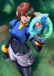  aile_(mega_man_zx) biometal black_bodysuit blue_jacket bodysuit bodysuit_under_clothes bracelet breasts brown_hair commentary covered_navel cropped_jacket female fingerless_gloves floating floating_object gloves grass green_eyes jacket jewelry lips medium_breasts mega_man_(series) mega_man_zx model_x_(mega_man) parted_lips robot_ears short_hair shorts skin_tight zetman92 